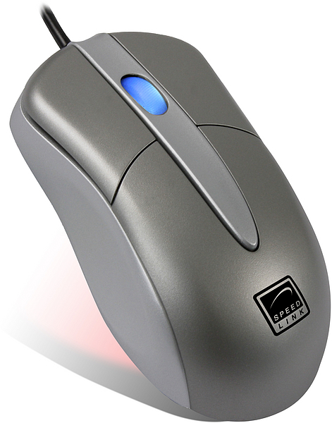 Silberne kabelgebundene Speedlink Computermaus mit blauem Scrollrad und ergonomischem Design