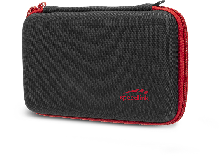Schwarze, stabile Speedlink Schutzhülle mit rotem Reißverschluss, ideal zum sicheren Transport von tragbaren Konsolen oder Zubehör