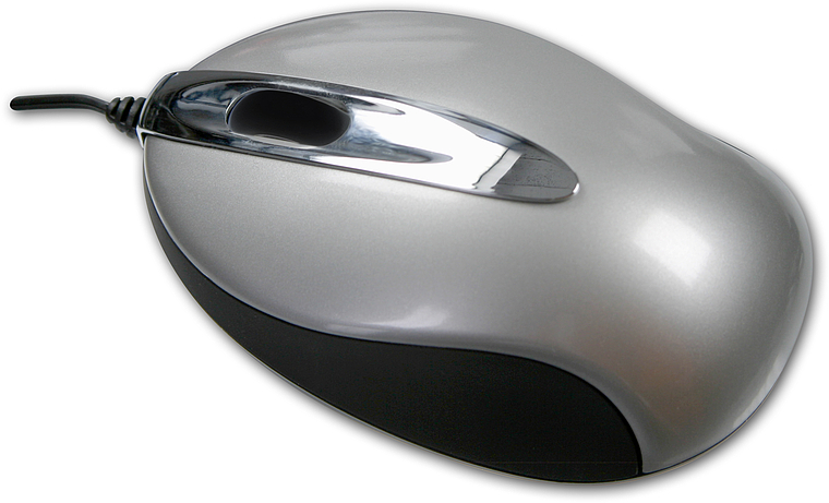 Silberne und schwarze kabelgebundene Computermaus mit ergonomischer Form