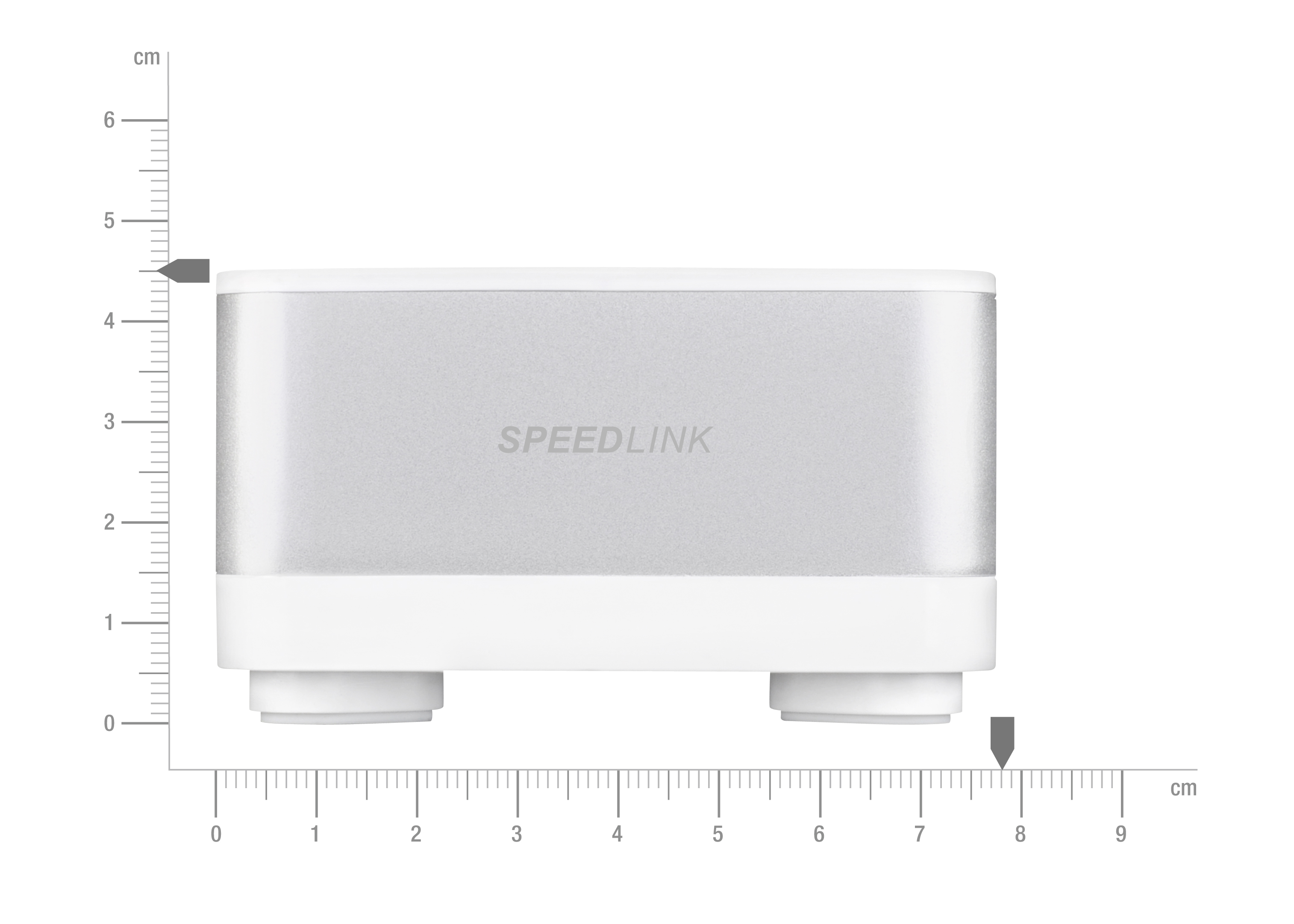SPEEDLINK USB-Hub in silber-weiß, kompakte Bauform, aufgenommen vor einem Lineal zur Größendarstellung, etwa 8 cm breit und 4,5 cm hoch
