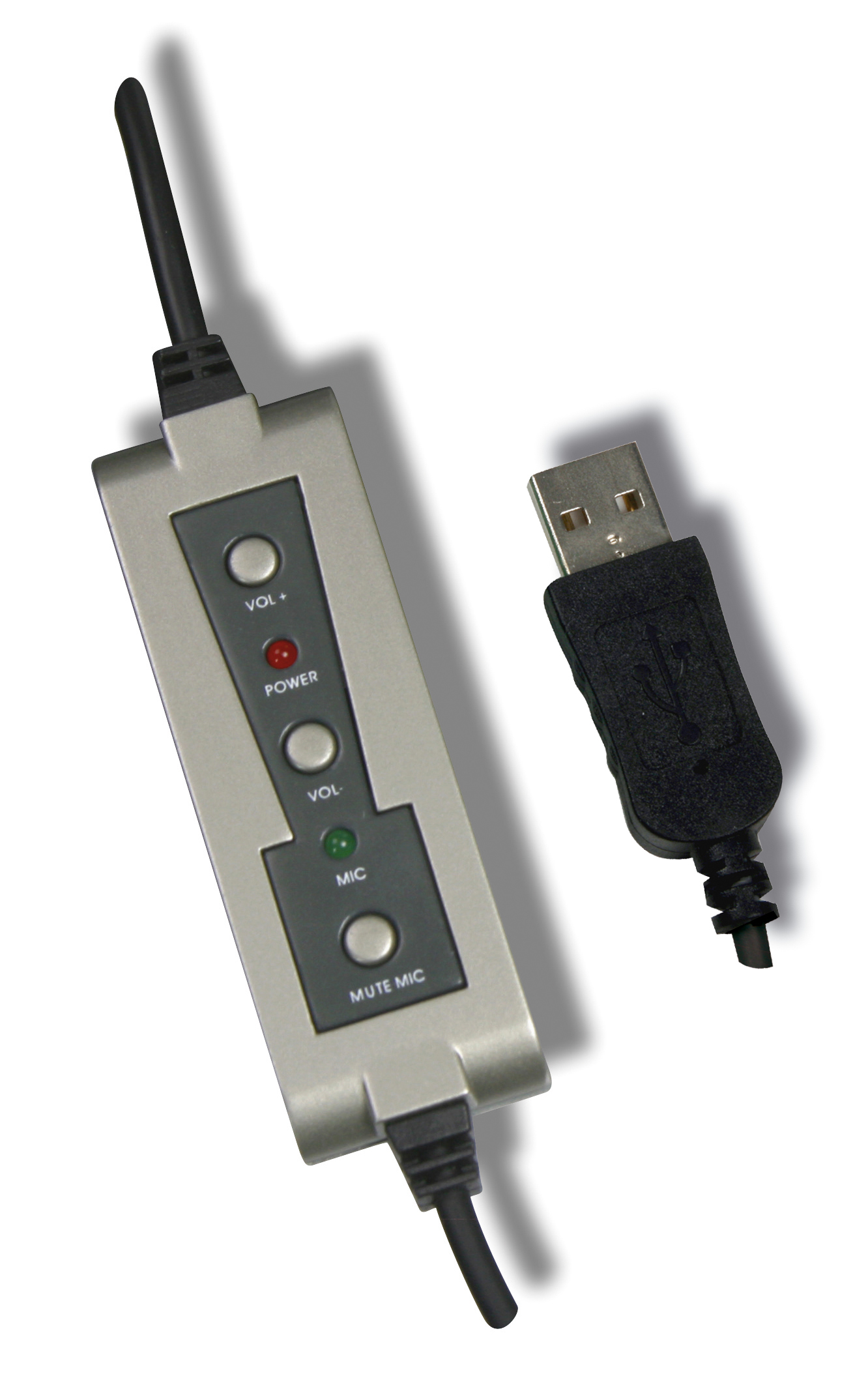 Abbildung eines USB-Lautstärkereglers mit Tasten für Lautstärke, Mikrofon und Stummschaltung