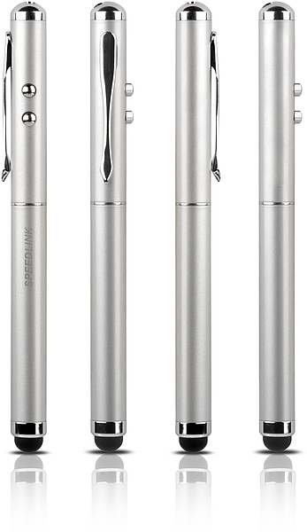 Vier silberne Multifunktions-Stifte mit Clip, Laserpointer sowie Stylus-Touch-Spitze, geeignet für Tablets und Smartphones
