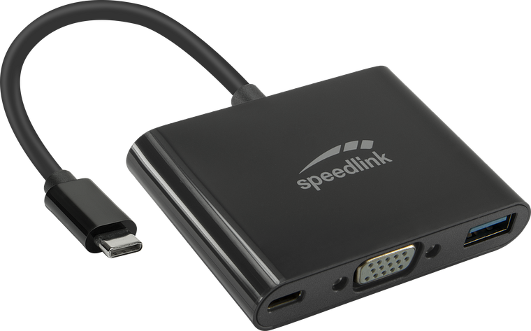 SPEEDLINK USB-C auf VGA, USB-A und USB-C Adapter, schwarzer Multiport Adapter für verschiedene Geräteanschlüsse