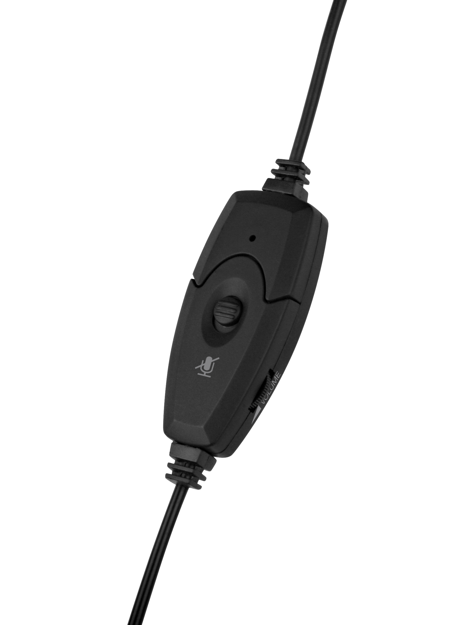 Nahaufnahme einer schwarzen Kabel-Fernbedienung mit Drehrad für Lautstärke und Schalter zum Stummschalten des Mikrofons