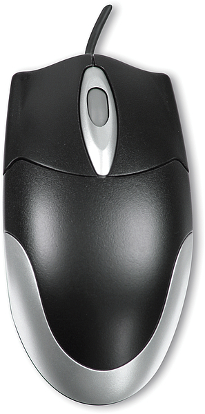 Schwarz-silberne kabelgebundene Computermaus mit ergonomischem Design und mittigem Scrollrad