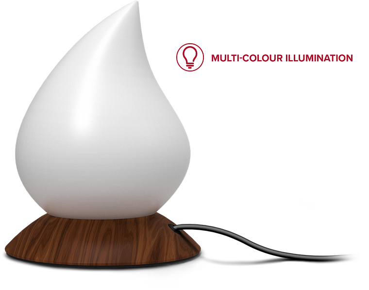 Moderner Aroma Diffuser in Tropfenform mit Holzsockel und Kabel, mit mehrfarbiger LED-Beleuchtung