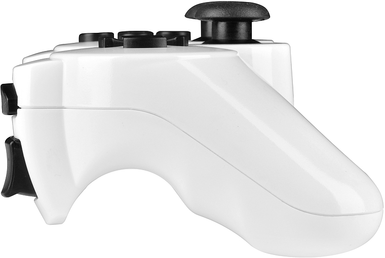 Seitliche Ansicht eines weißen kabellosen Gamecontrollers mit schwarzen Tasten und Joystick, geeignet für moderne Spielekonsolen