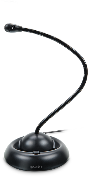 Flexibles schwarzes Tischmikrofon mit rundem Standfuß, geeignet für Sprachaufnahmen und Videokonferenzen am Computer