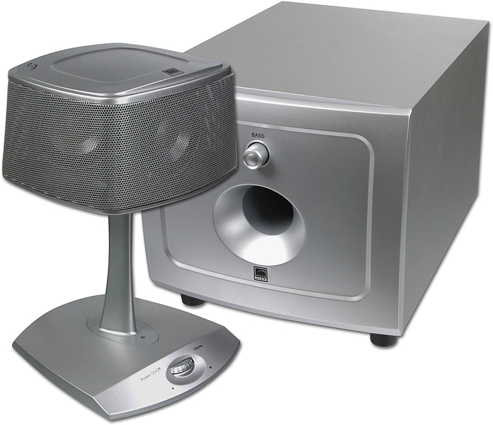 Silbernes Lautsprechersystem bestehend aus einem Subwoofer und einem Satellitenlautsprecher auf Standfuß, ideal für Computer oder Heimkino