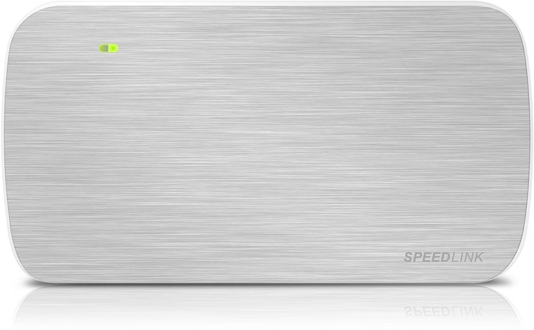 Silberne externe Festplatte von SPEEDLINK mit gebürsteter Oberfläche und LED-Anzeige