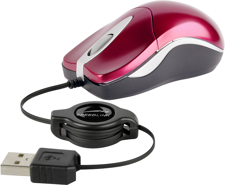 Rote und silberne Speedlink USB-Maus mit Kabelaufroller, ideal für unterwegs oder als mobile Computermaus