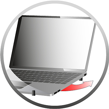 Laptop steht auf einem Ständer, der durch einen roten Pfeil die Neigungsverstellung zeigt