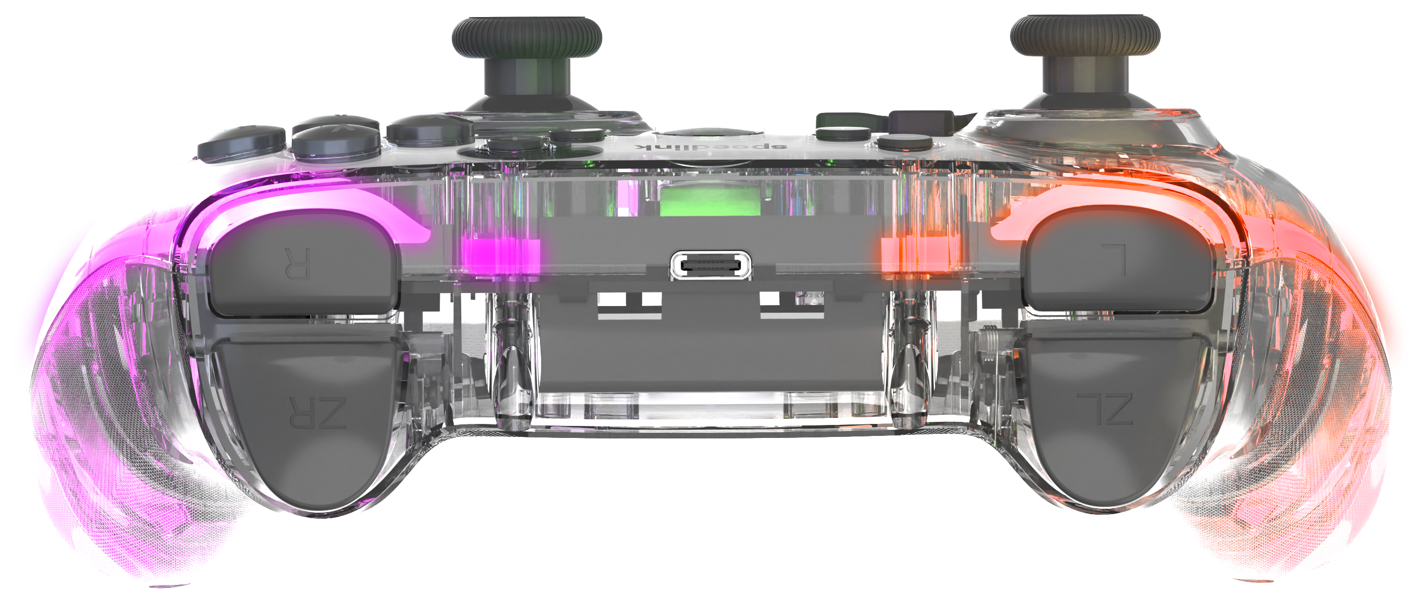 Rückansicht eines transparenten Gaming-Controllers mit leuchtenden LED-Farben und sichtbaren Bedienelementen