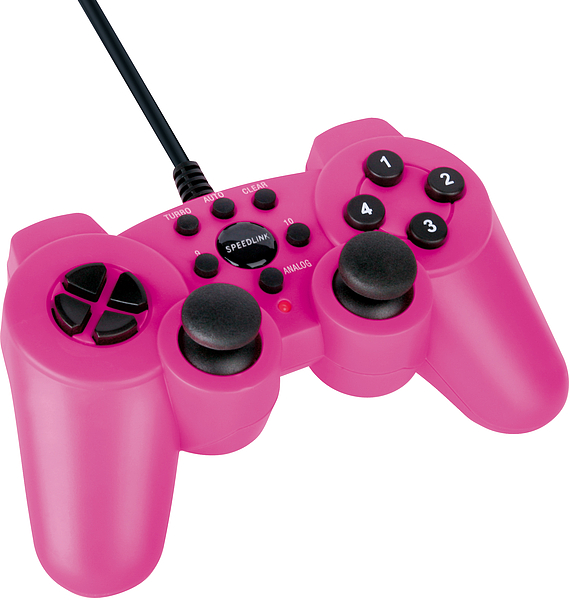 Pinkes kabelgebundenes Gamepad mit zwei Analogsticks, vier Aktionstasten und Steuerkreuz