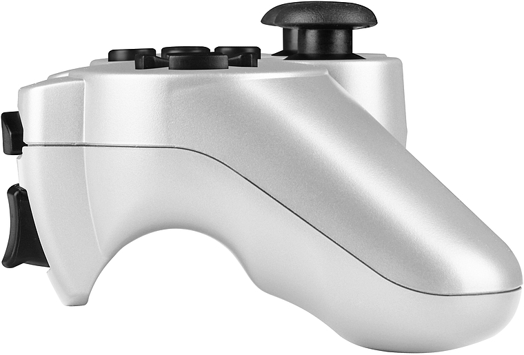Gamecontroller in Silber, seitliche Ansicht mit sichtbaren Tasten und Joystick, geeignet für PC oder Konsole