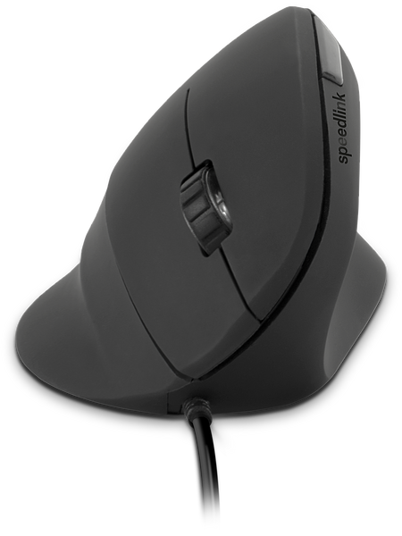 Seitliche Ansicht einer schwarzen, vertikalen, ergonomischen Speedlink-Maus mit Kabelanschluss