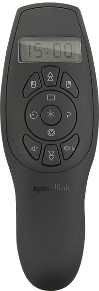 Schwarze Speedlink Präsentationsfernbedienung mit LCD-Anzeige und verschiedenen Funktionstasten für Präsentationen