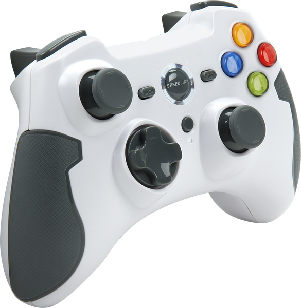 Weißer kabelloser Gamecontroller mit gummierten Griffen, zwei Analogsticks, Steuerkreuz und farbigen Tasten