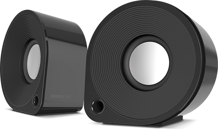Zwei schwarze Speedlink USB-Lautsprecher im modernen, runden Design für Computer und Laptop