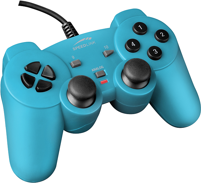 Blaues kabelgebundenes Speedlink Gamepad mit zwei Analogsticks, Steuerkreuz sowie vier Aktionstasten für Computer
