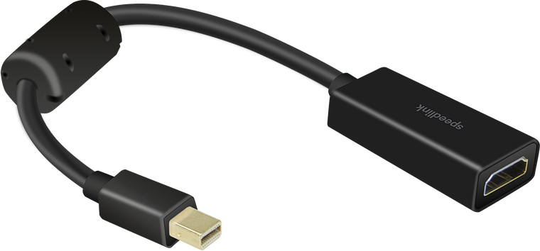 Schwarzer Speedlink Adapter mit Mini DisplayPort Stecker zu HDMI Buchse, geeignet zur Verbindung von Laptops mit Monitoren oder Fernsehern