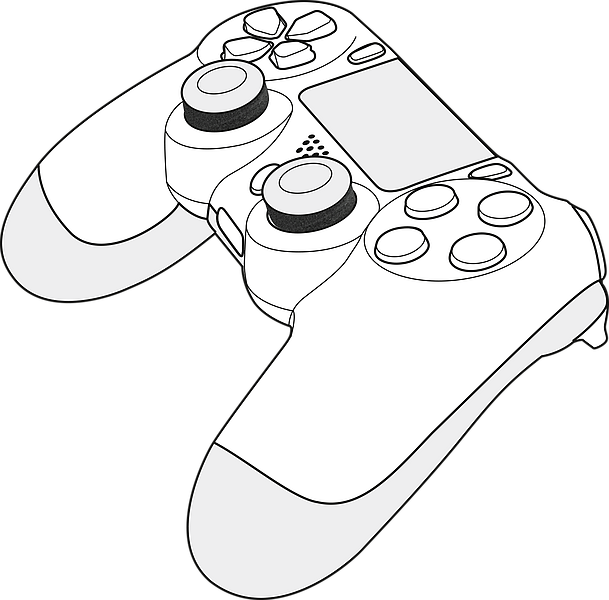 Zeichnung eines modernen Gaming-Controllers für Konsolen mit zwei Joysticks und mehreren Tasten