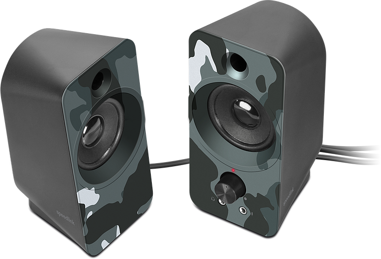 Zwei schwarze Lautsprecher mit Camouflage-Muster, verbunden durch ein Kabel, geeignet für Computer oder Laptop