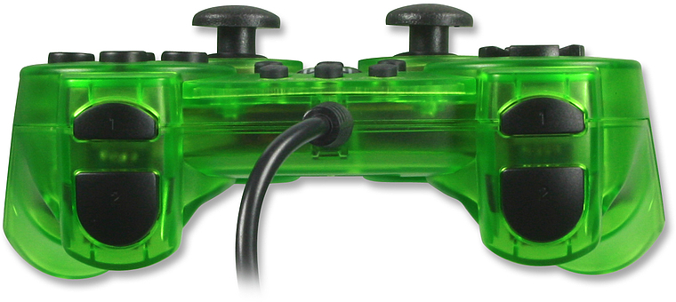 Grüner, transparenter kabelgebundener Gamecontroller mit mehreren Tasten, Vorderansicht