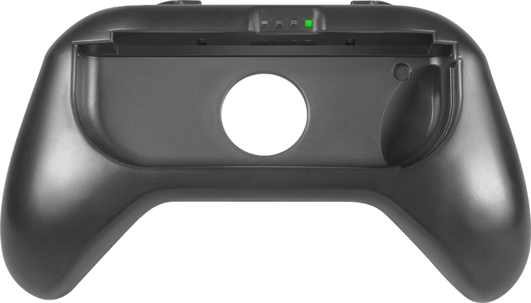 Schwarzer Gamecontroller-Aufsatz für Smartphones mit ergonomischen Griffen und LED-Anzeige