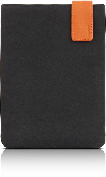 Elegante schwarze Tablet-Hülle mit brauner Lederlasche als Verschluss, geeignet für verschiedene Tablet-Modelle