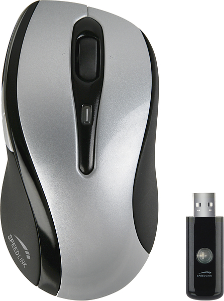 Kabellose optische Maus von SPEEDLINK in silber und schwarz mit passendem USB-Empfänger, ergonomisch geformt