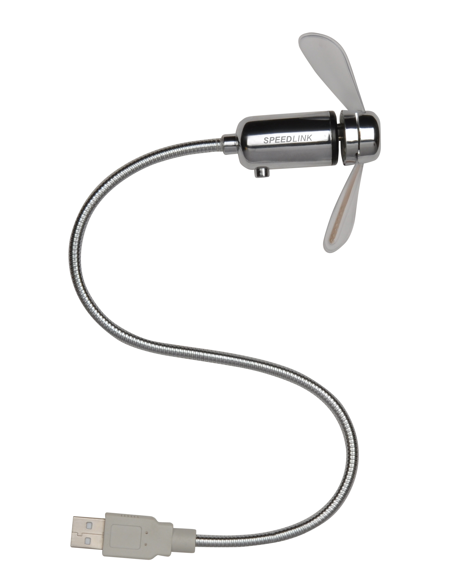 Kleiner, silberner USB-Ventilator von SPEEDLINK mit flexiblem Schwanenhals und zwei Rotorblättern