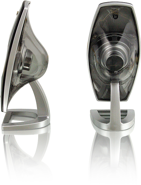 Zwei Ansichten einer modernen schwarzen USB-Webcam mit Standfuß, einmal von vorne und einmal von der Seite gezeigt