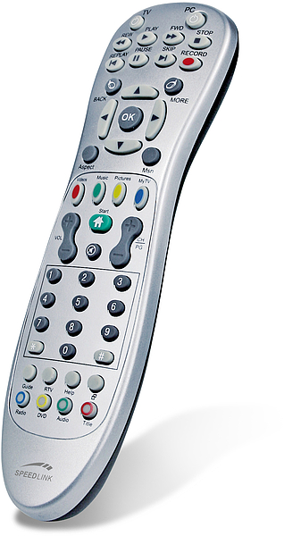 Silberne SPEEDLINK Universal-Fernbedienung mit vielen Tasten für verschiedene Geräte und Funktionen