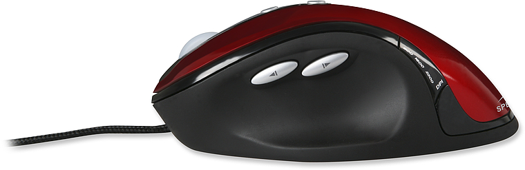 Seitliche Ansicht einer ergonomischen kabelgebundenen Computermaus in Rot und Schwarz mit mehreren Funktionstasten