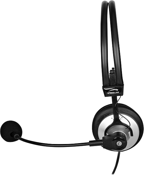 Schwarzes Speedlink Mono-Headset mit flexiblem Mikrofonarm, ideal für Telefonate oder Online-Meetings am Computer