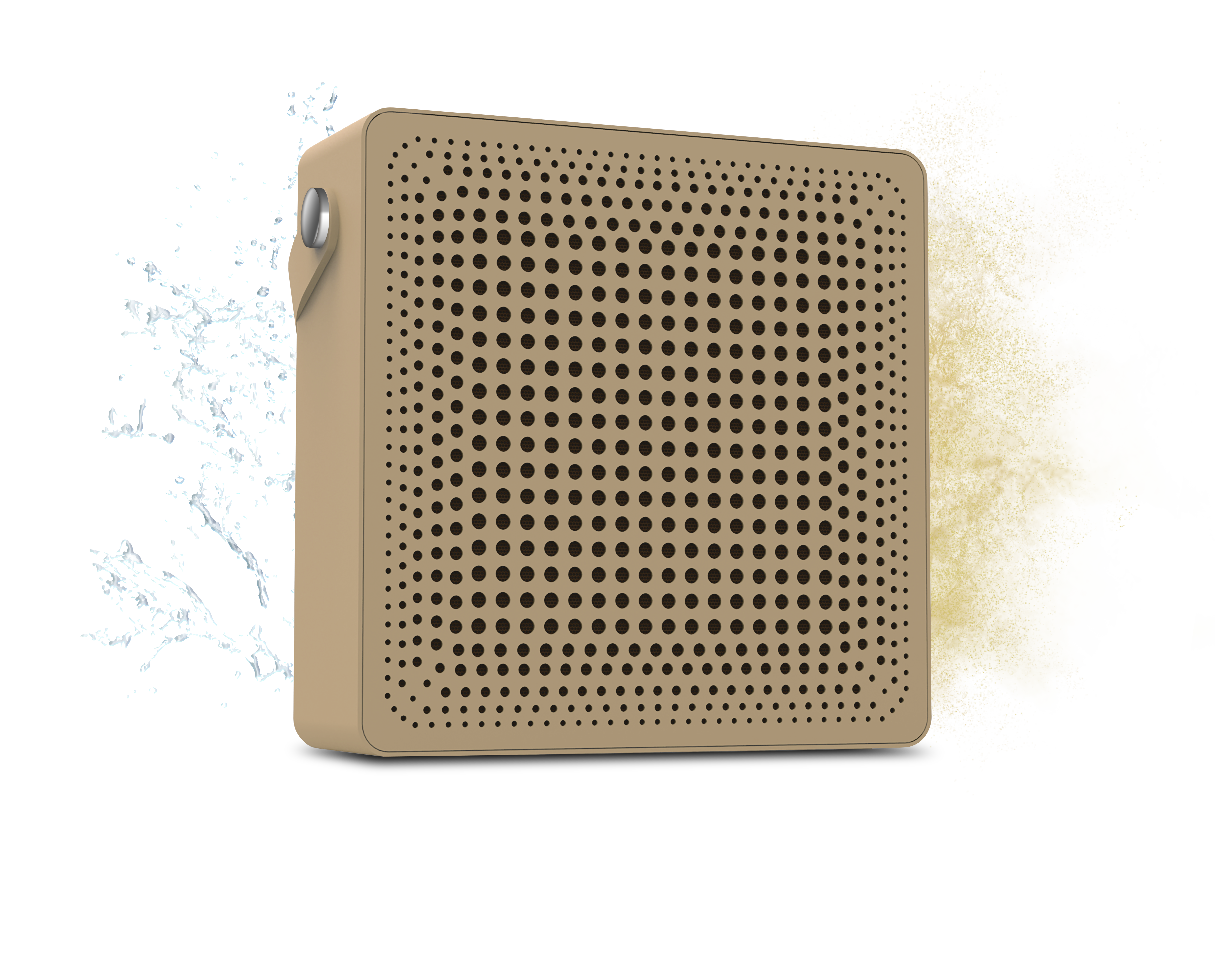 Beiger tragbarer Bluetooth-Lautsprecher mit Wasserspritzern und Staubwolke im Hintergrund, geeignet für den Einsatz im Freien