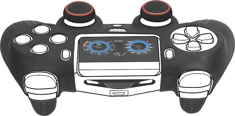 Abbildung eines schwarzen Gamecontrollers mit Tachometer-Armaturen als Display und kreativen Zeichenlinien