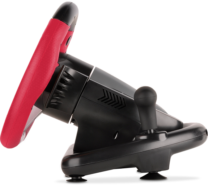 Seitenansicht eines modernen Gaming-Lenkrads mit rotem Griff und Schalthebel, geeignet für Rennspiele auf PC oder Konsole