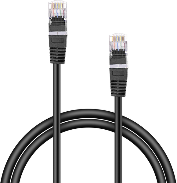 Schwarzes Netzwerkkabel mit zwei RJ45 Steckern für Ethernet-Verbindungen