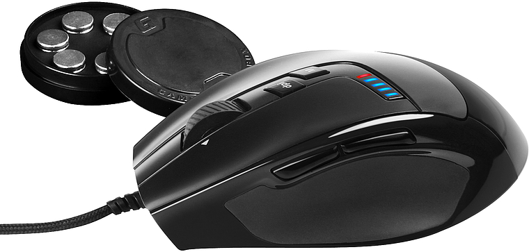 Ergonomische Gaming-Maus mit Gewichten und zusätzlichen Funktionstasten für präzise Steuerung