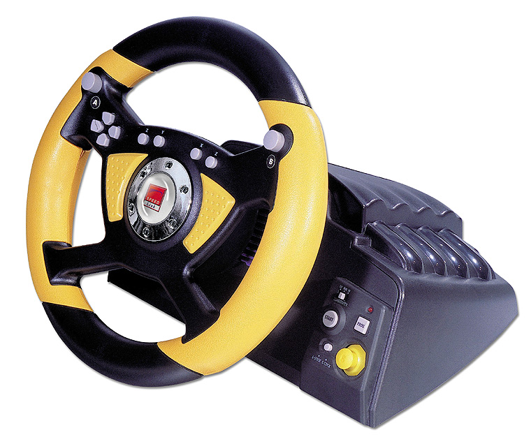 Gelb-schwarzes Gaming-Lenkrad mit Pedalen und Tasten, geeignet für Rennspiele auf PC oder Konsole