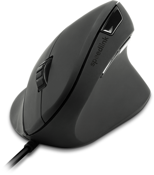 Schwarze Speedlink Ergonomie-Maus mit vertikalem Design und Kabel für komfortables Arbeiten am Computer