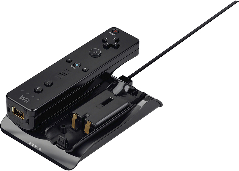 Schwarze Ladestation von Speedlink mit eingelegter Nintendo Wii Fernbedienung und zweitem Ladeplatz