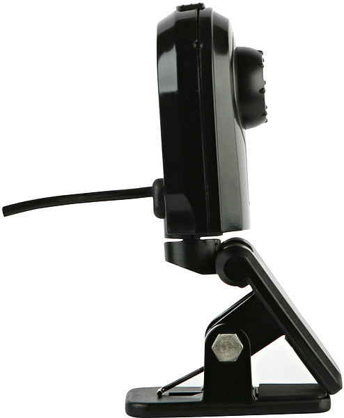 Seitenansicht einer schwarzen Webcam mit Standfuß und USB-Kabel, ideal für Videokonferenzen und Streaming