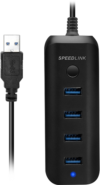 Schwarzer SPEEDLINK USB-Hub mit 4 USB-Anschlüssen und Kabel, Vorderansicht