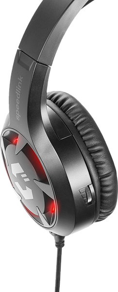Schwarzes Speedlink Gaming-Headset mit bequemer Polsterung und rot leuchtenden Details, geeignet für PC und Konsole