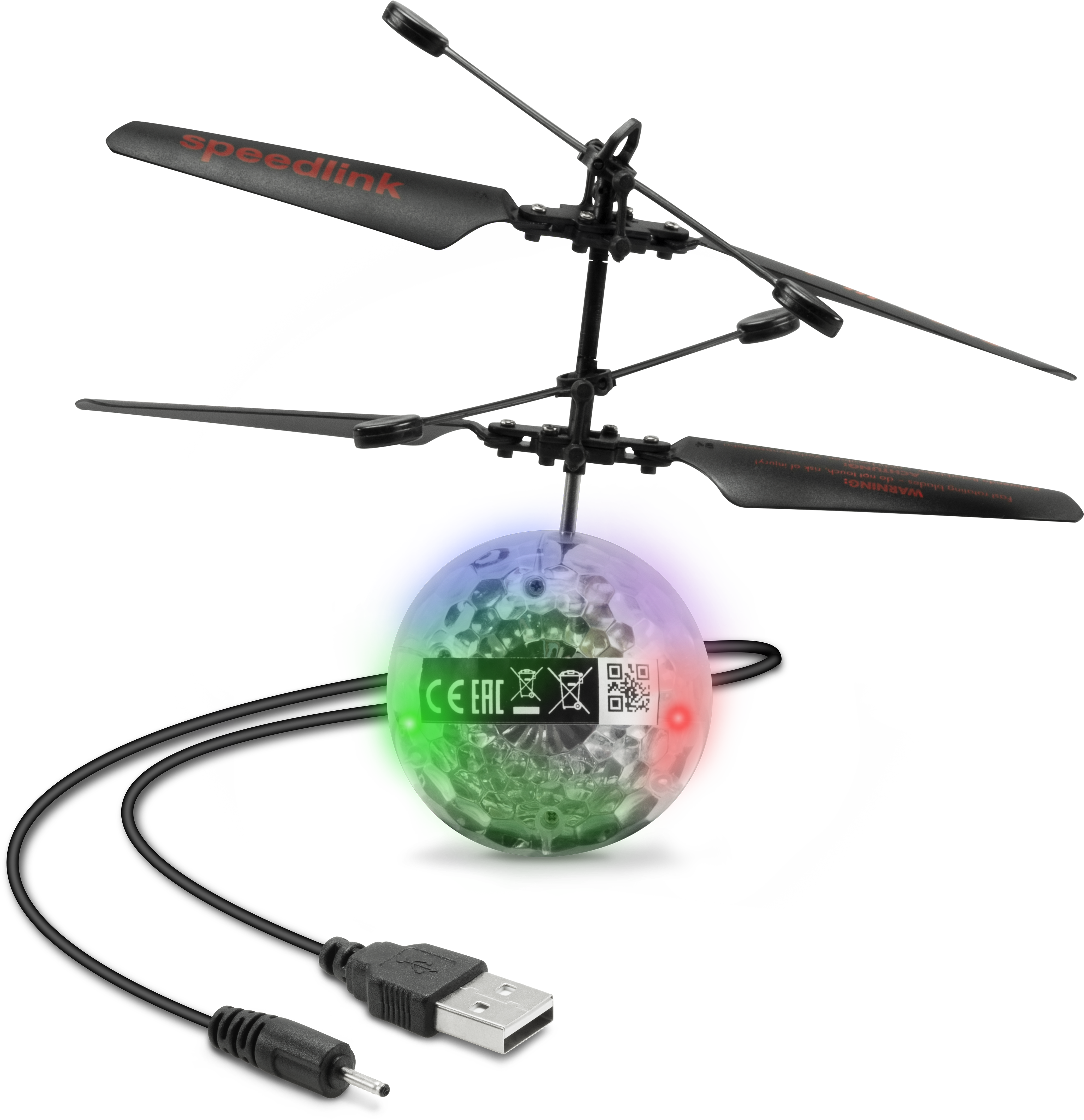Schwebender Flugball mit LED-Beleuchtung, zwei Rotorblättern und mitgeliefertem USB-Ladekabel, Speedlink-Logo sichtbar
