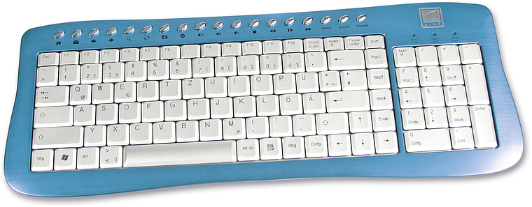 Computertastatur in Blau mit weißen Tasten und zusätzlichen Multimedia-Tasten am oberen Rand
