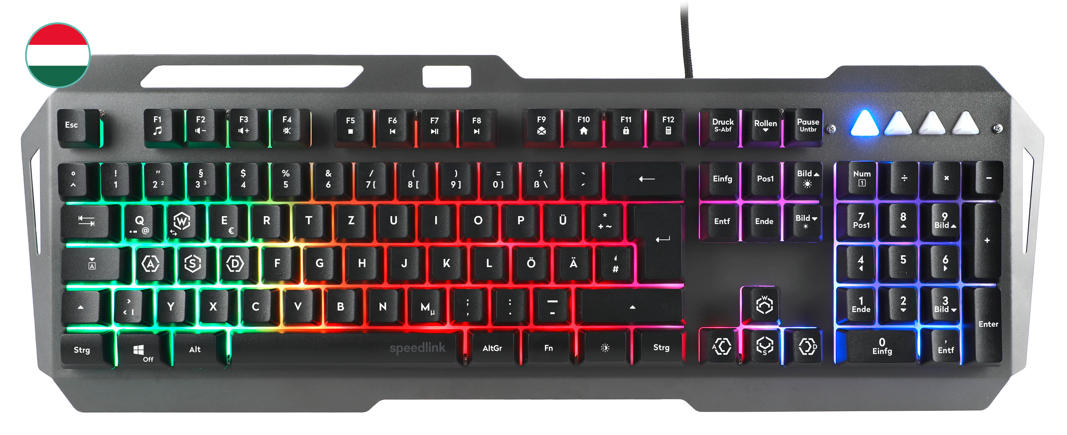 Speedlink Gaming-Tastatur mit RGB-Hintergrundbeleuchtung, deutschem Tastenlayout und ungarischer Länderkennzeichnung